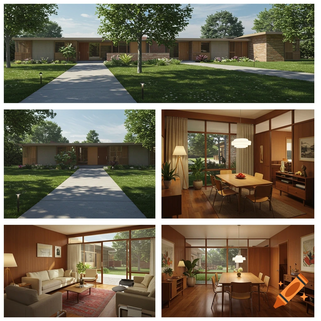 A realistic render showing the exterior and interior of a mid-century modern house.