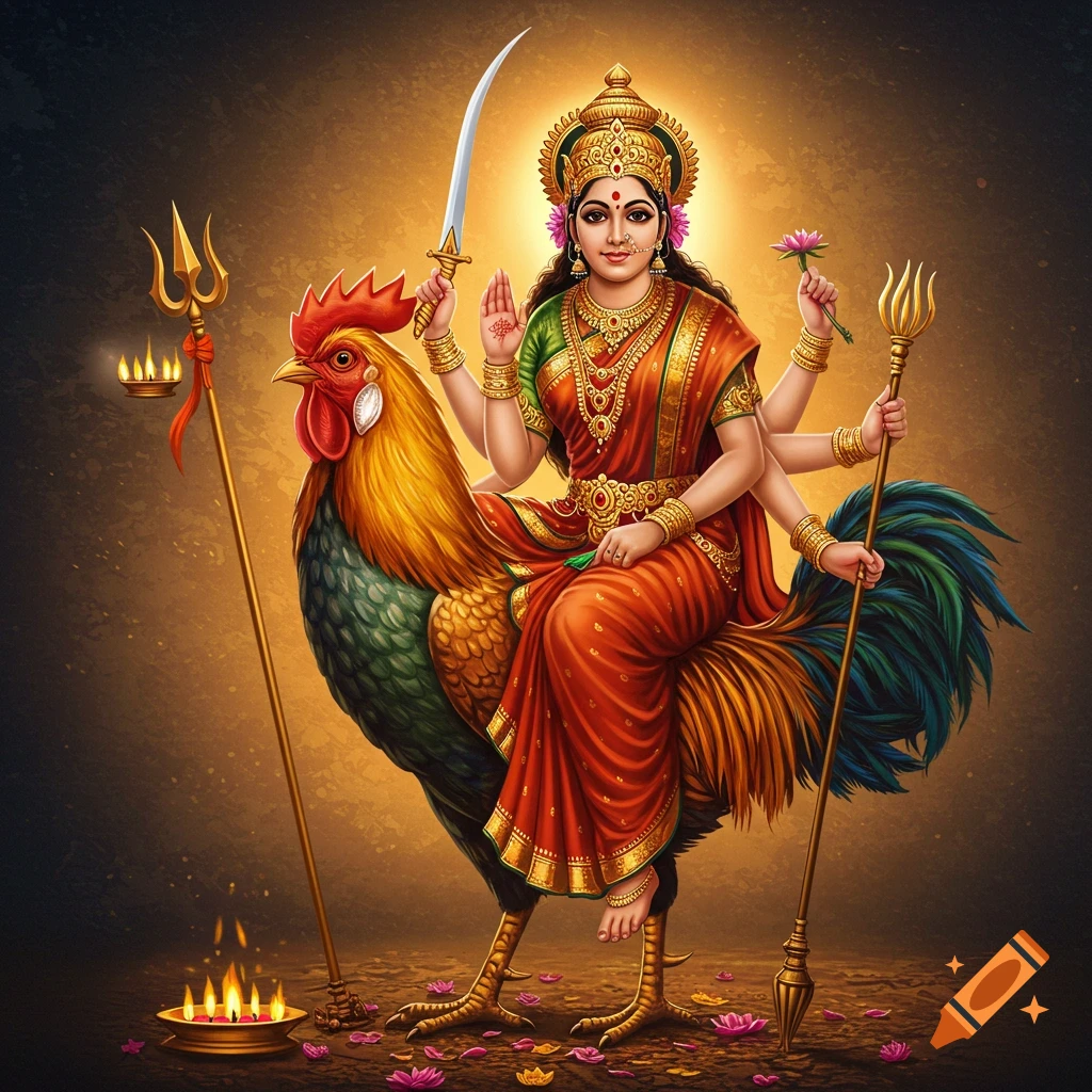 Goddess Bahuchar with multiple arms, riding a rooster, holding a sword and trident, with a golden aura.