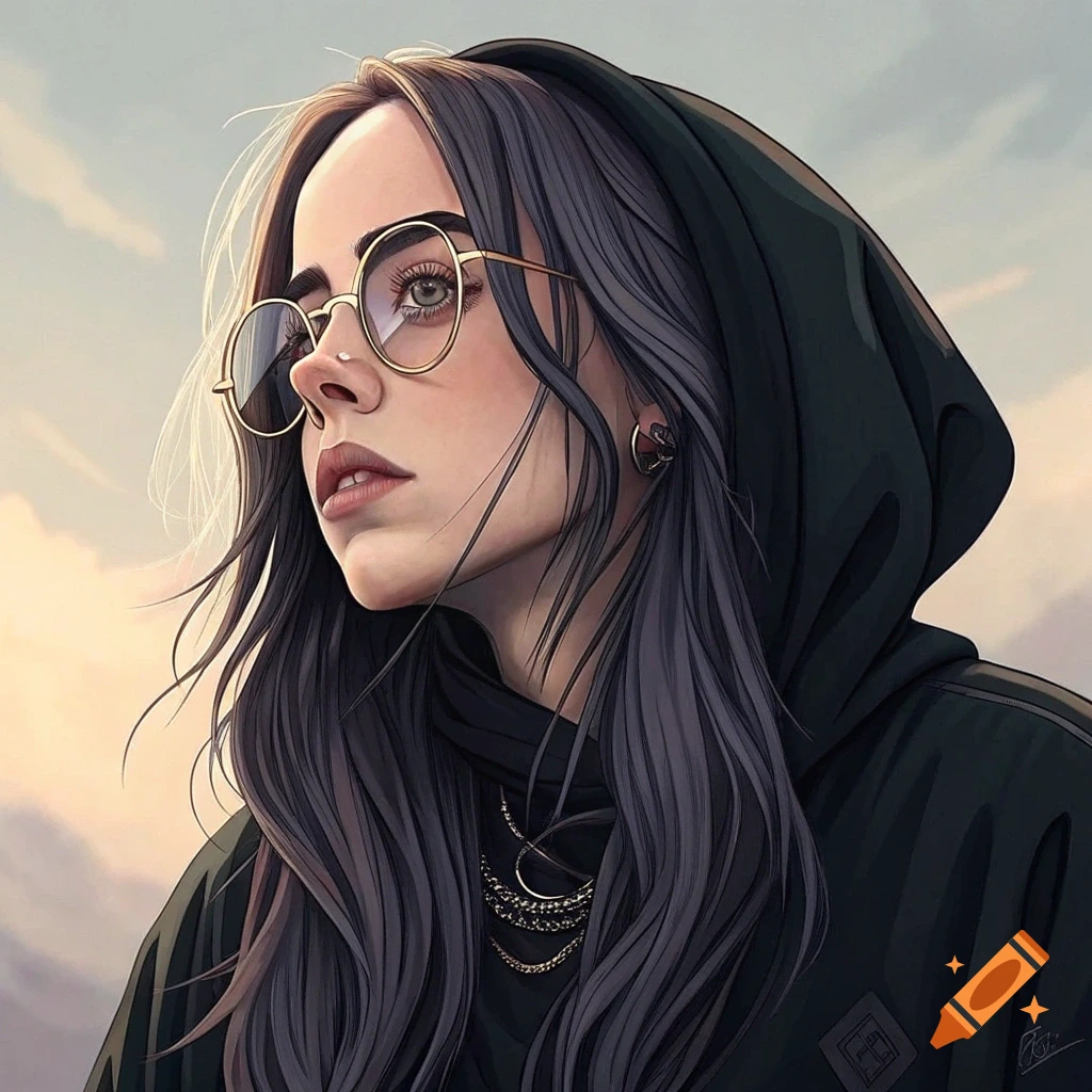 Stylized portrait of a woman with dark hair and glasses, wearing a black hoodie, looking upwards.
