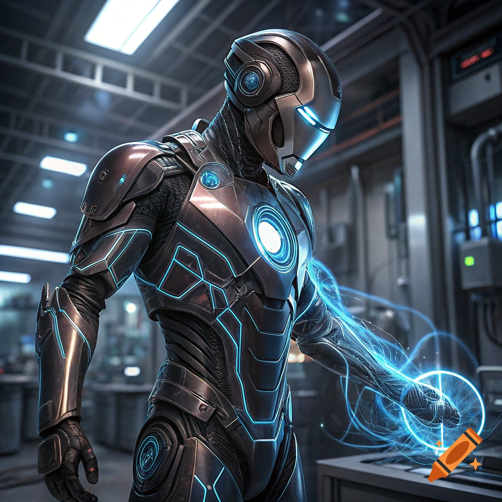 A person in a detailed futuristic suit with blue glowing lines and energy effects on their hand, in a workshop.