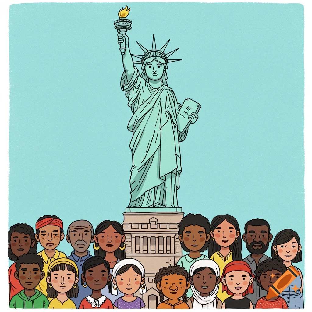 Cartoony illustration of the Statue of Liberty with a diverse group of people in front.