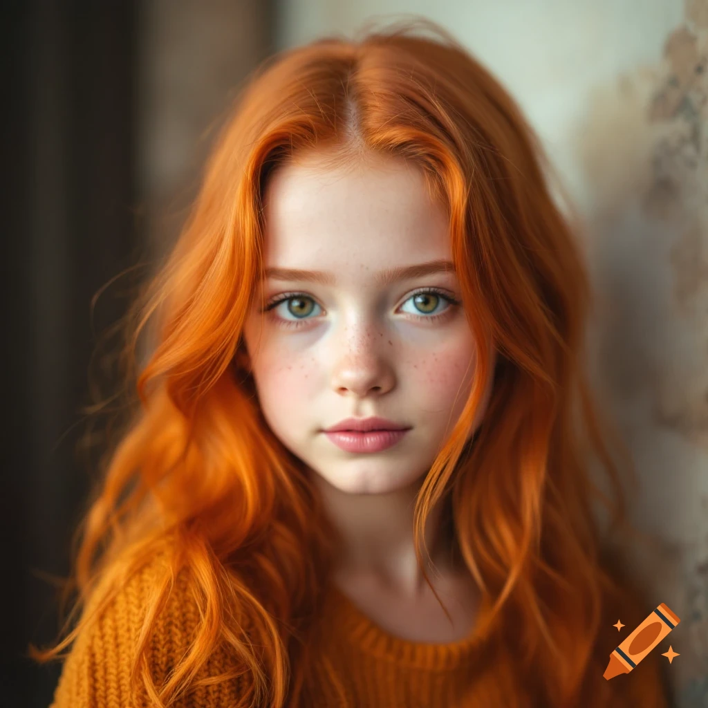Photorealistic portrait of a young girl with bright red hair and green eyes.