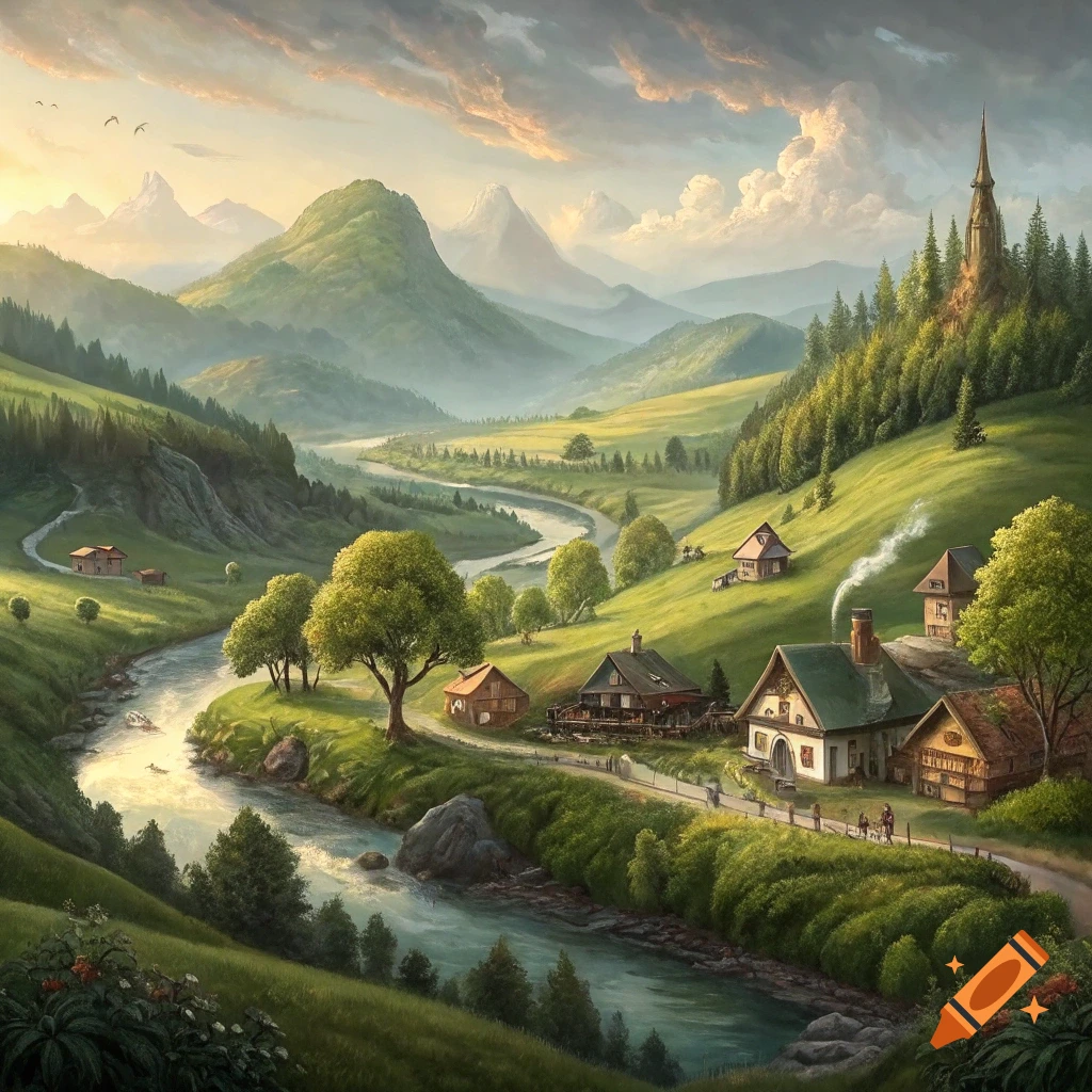 A fantasy landscape painting of a green valley with a winding river, houses, hills, mountains, and a church spire under a sunset sky.