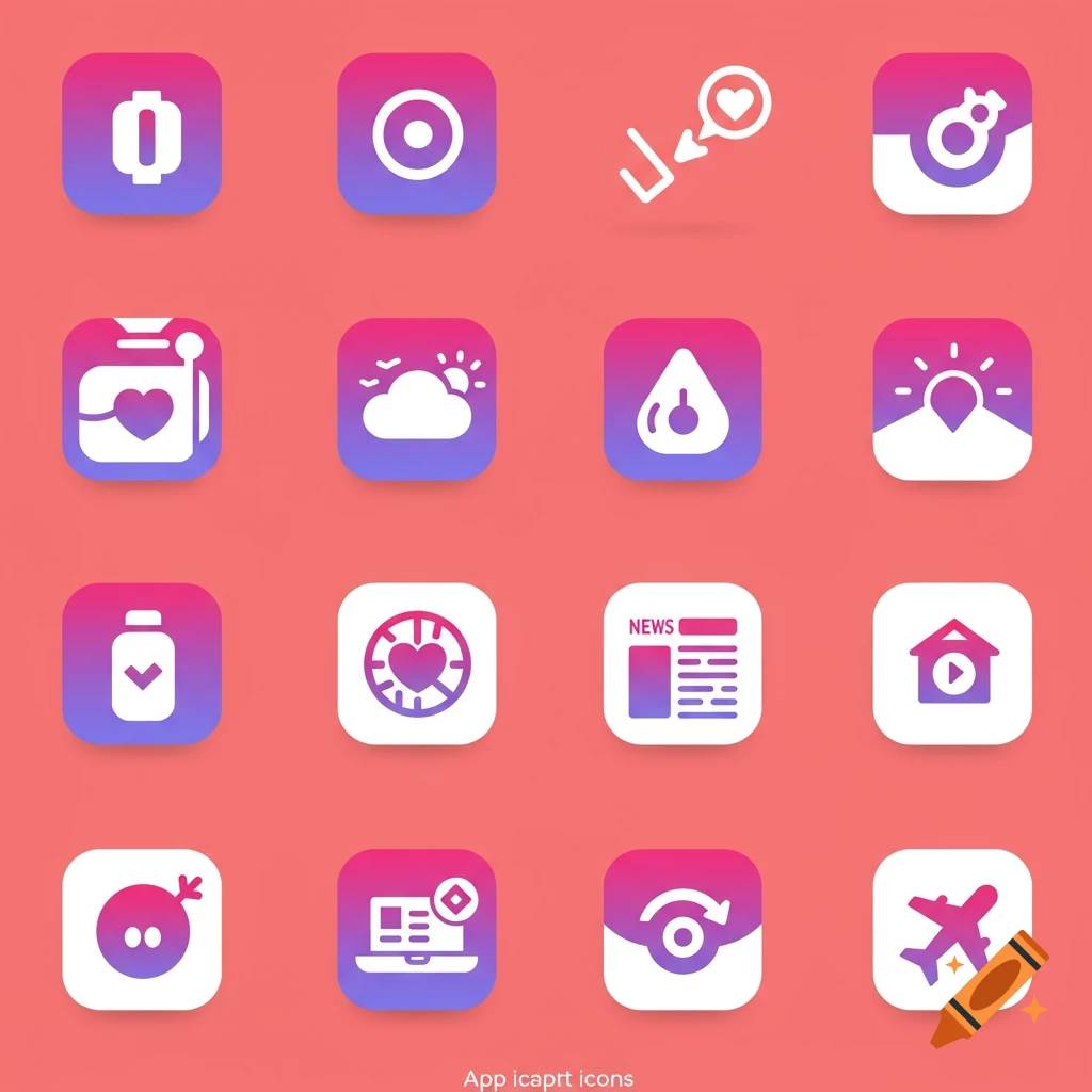 A grid of colorful gradient app icons featuring various symbols like a target, heart, cloud, and airplane on a pink background.