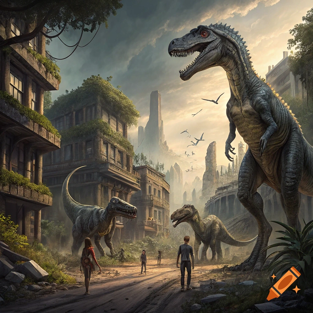 Large dinosaurs and people walk through the ruins of a city under a dramatic sky.
