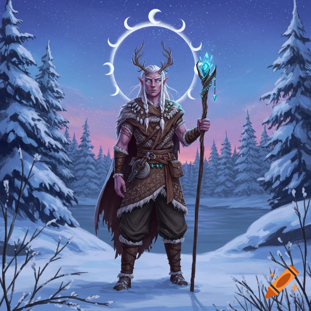 A male fantasy character with antlers and a staff stands in a snowy forest under a starry sky with moon symbols.