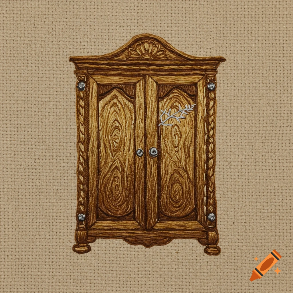 Embroidery of a wooden wardrobe on a canvas background.