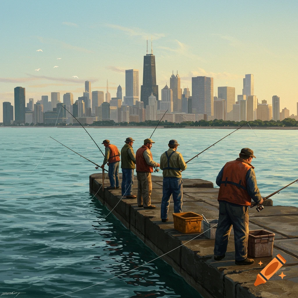 Men fishing on a pier with the Chicago skyline in the background.