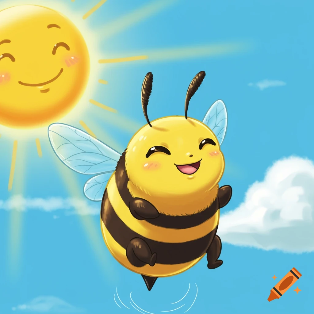 A cute cartoon bee flying under a smiling sun in a blue sky.