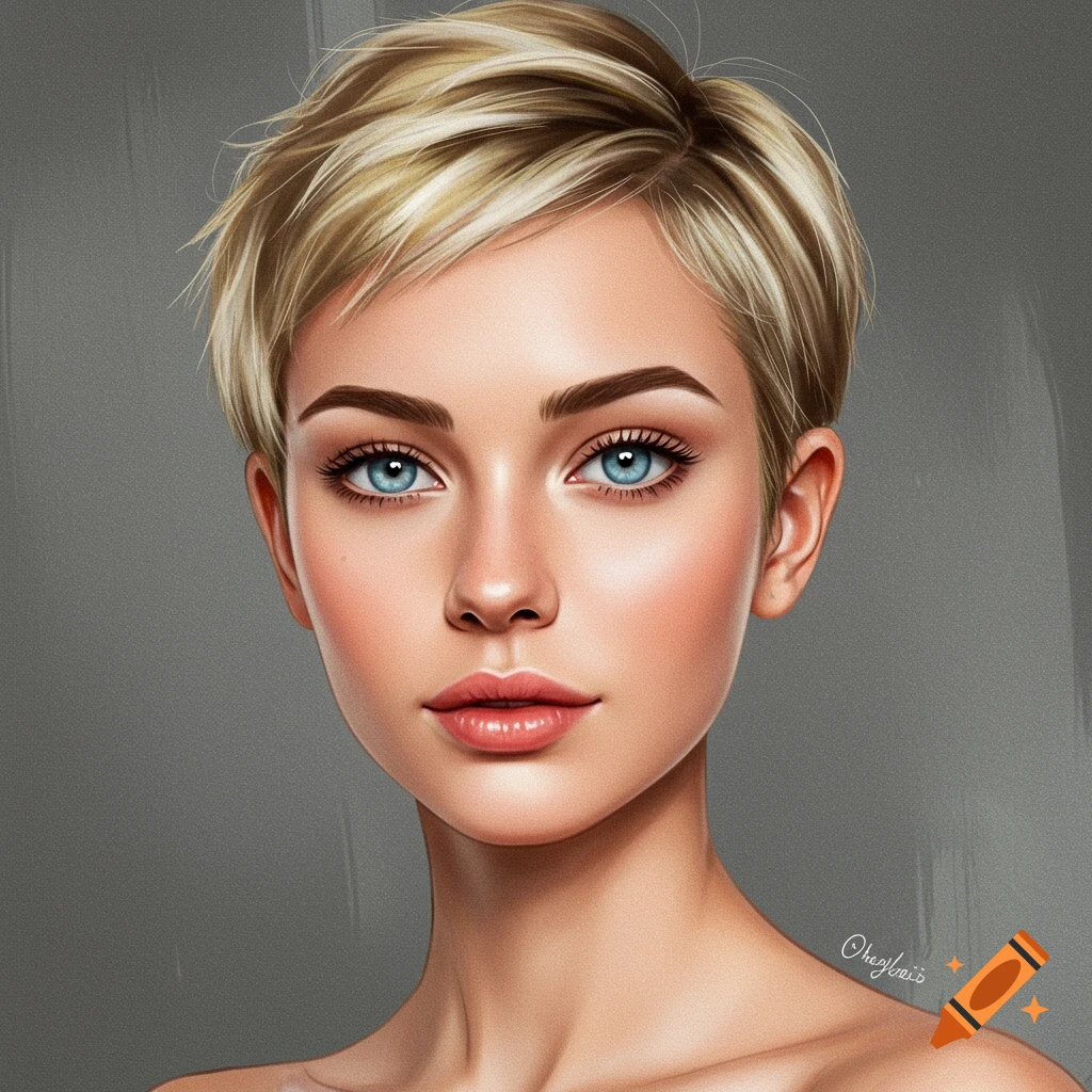 A woman with short blonde hair and blue eyes.