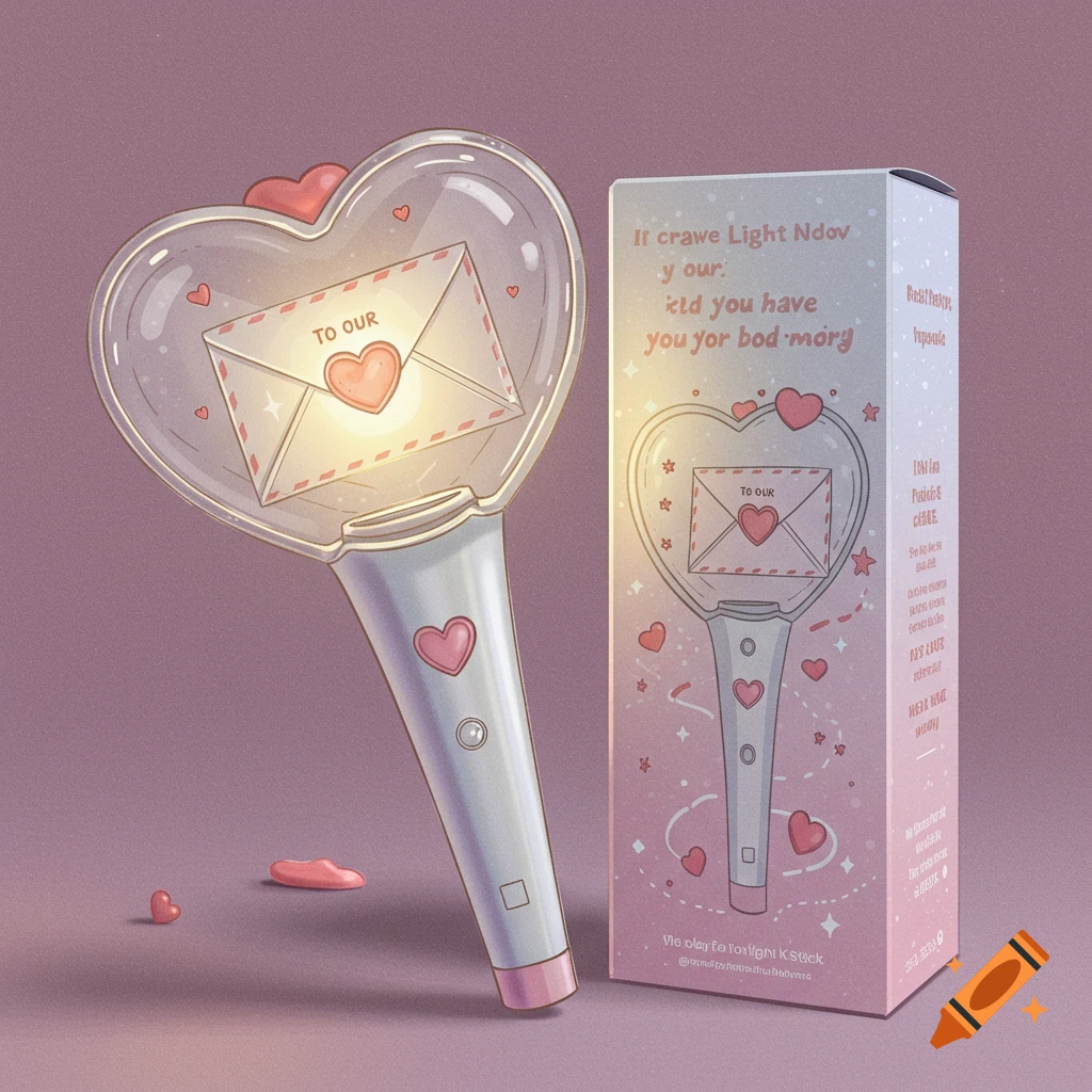 An illustration of a white and pastel pink Kpop lightstick with a heart-shaped top enclosing an envelope. Beside it is a matching box.