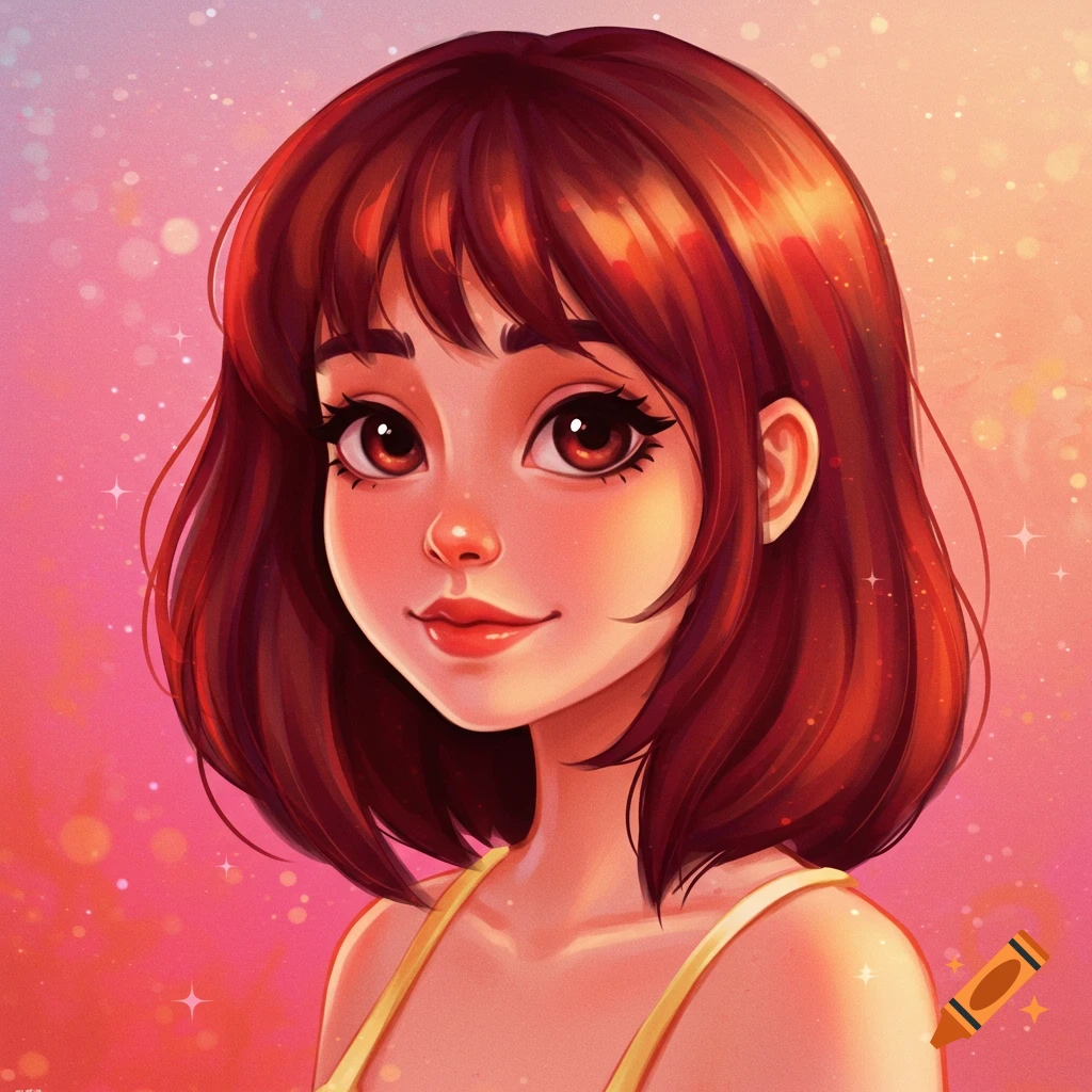 Cartoon portrait of a young woman with brown hair and big eyes against a pink and orange bokeh background.