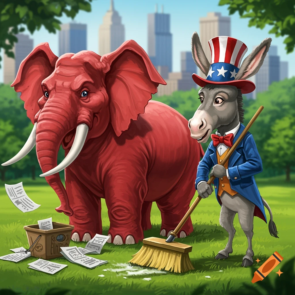 Cartoon of a red elephant and a donkey in a USA hat sweeping papers into a box on a lawn with a city skyline.