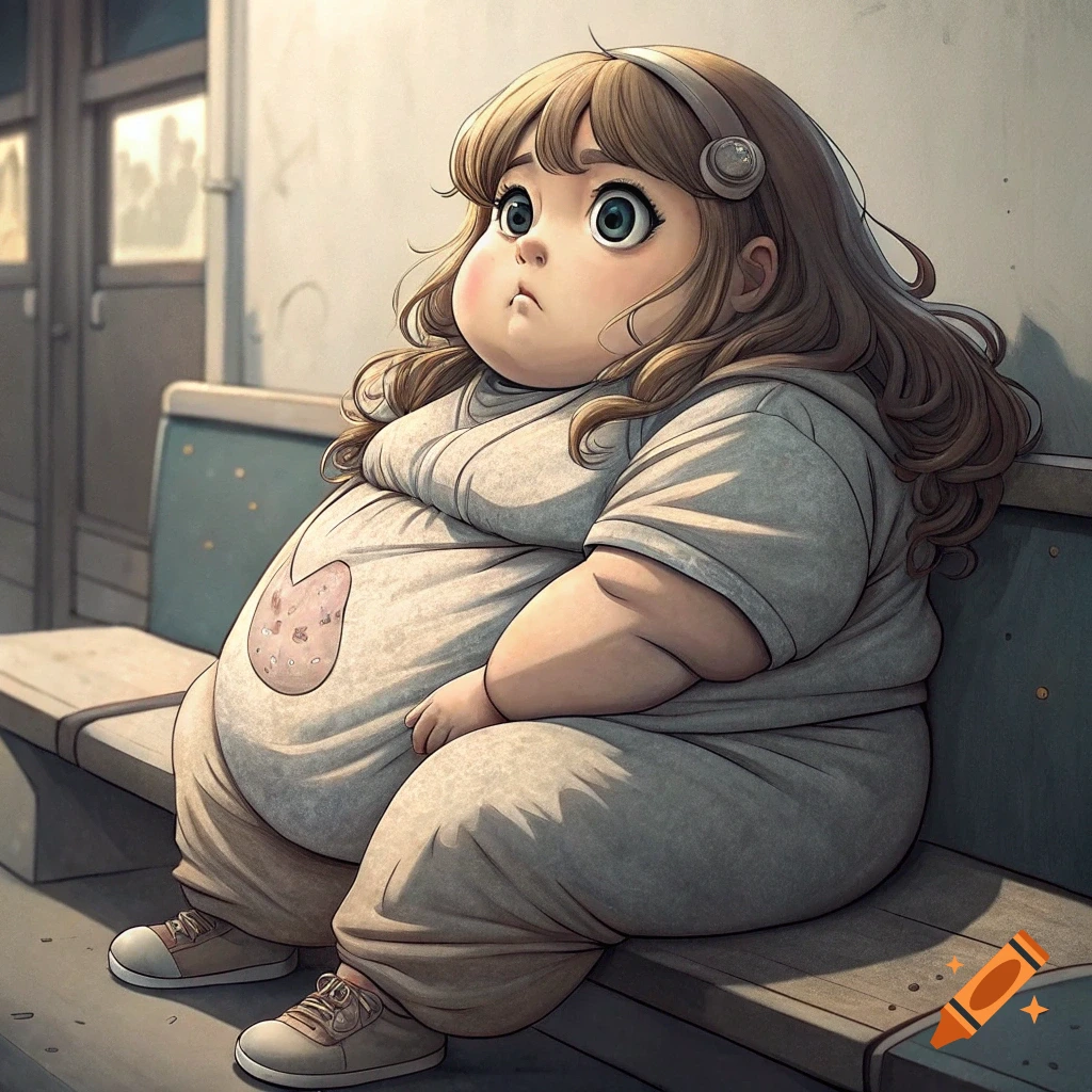Anime style illustration of a very large girl sitting on a bench