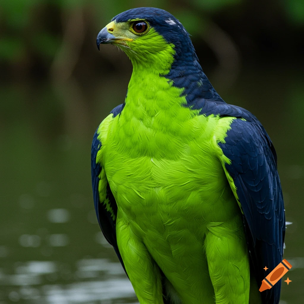 A close-up photo of a lime green and navy blue bird with visible muscles.