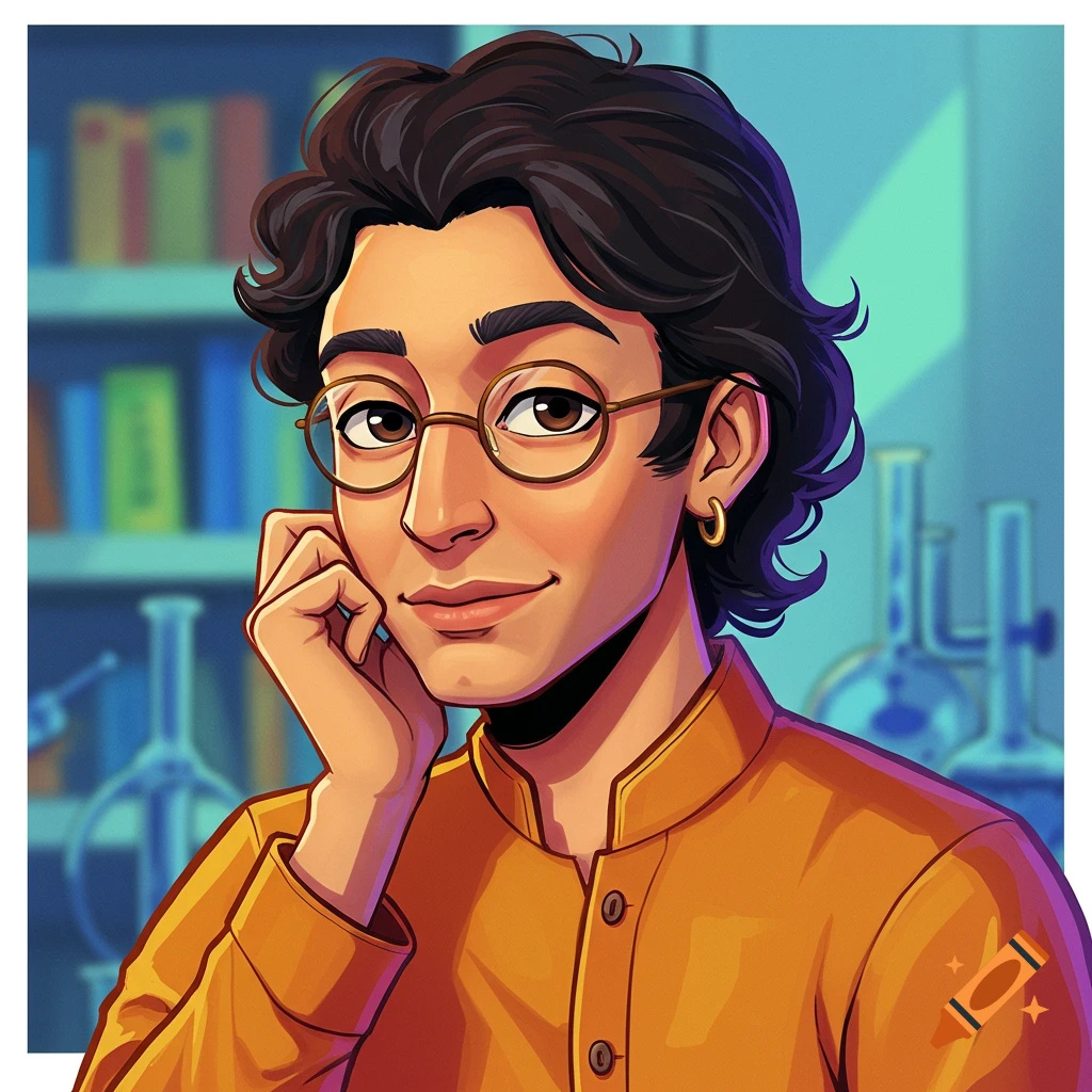 Illustration of a young man with glasses and an earring, in a science lab background.
