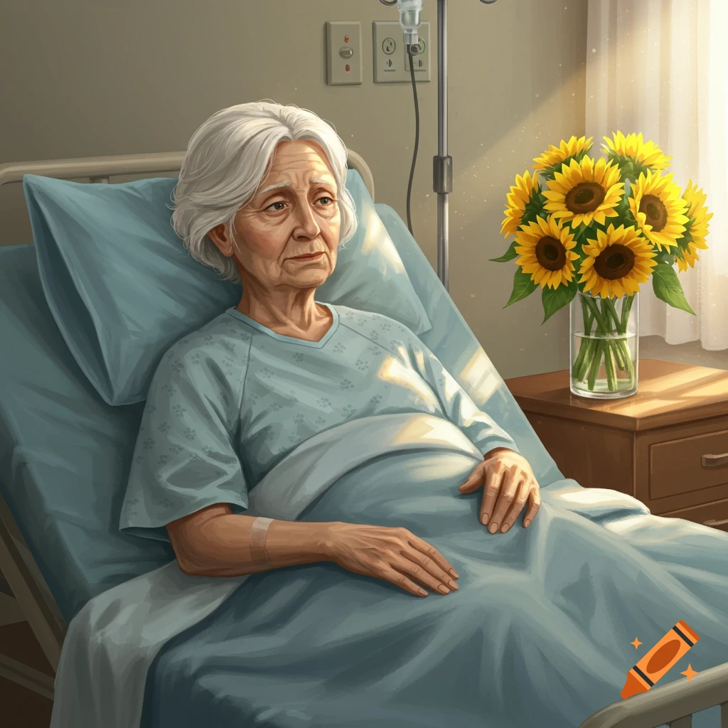 Elderly woman in hospital bed with sunflowers.