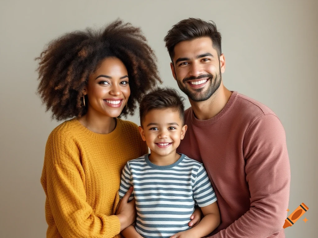 A smiling mother, father, and son posing for a photorealistic portrait.