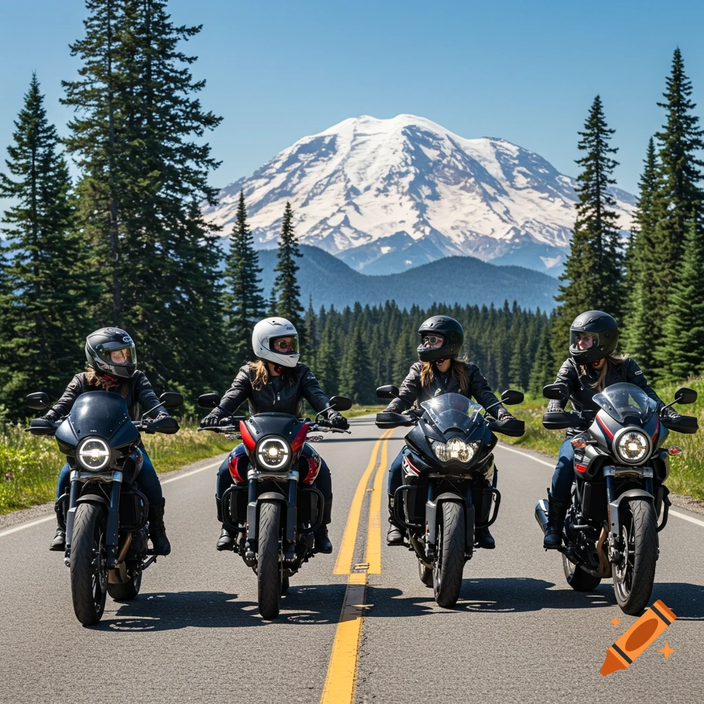 Four women ride motorcycles down a road with a snow-capped mountain and pine trees in the background.