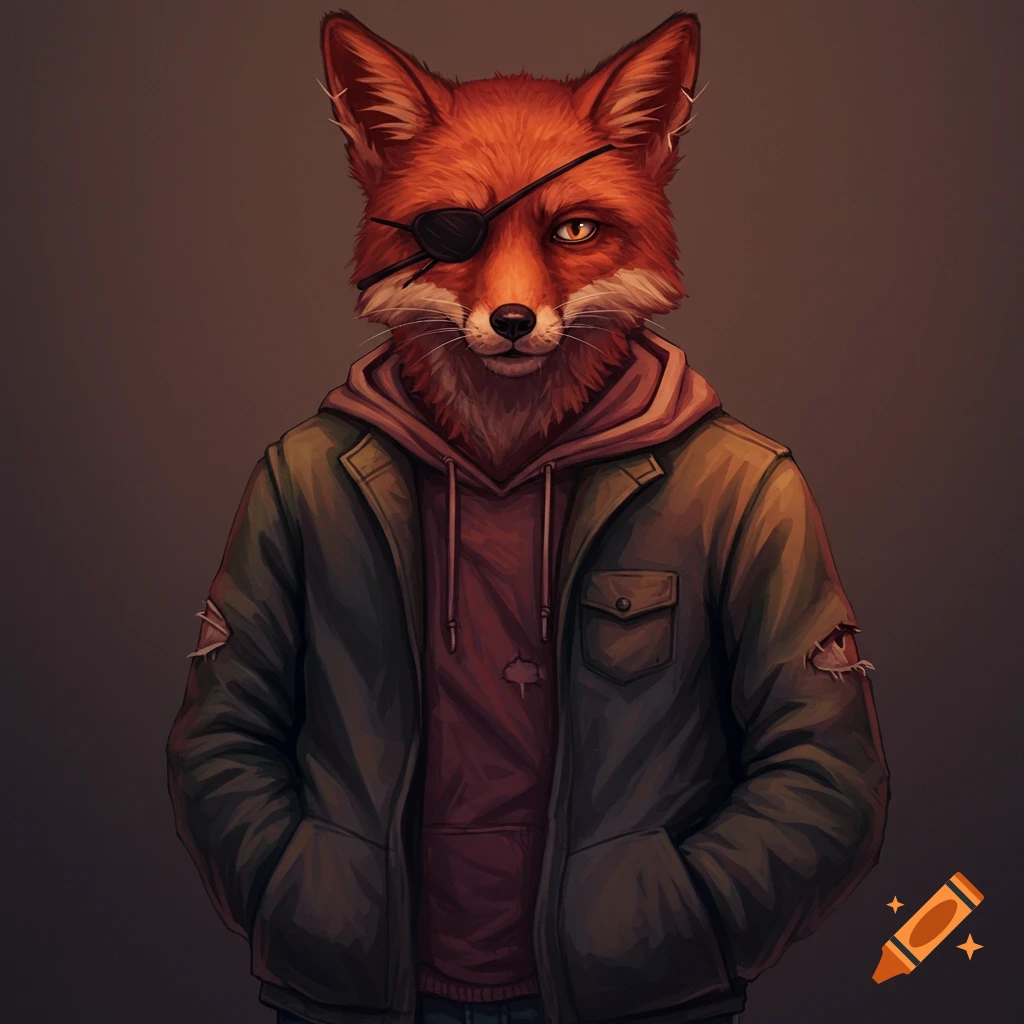 Illustrative portrait of an anthropomorphic red fox wearing an eyepatch, hoodie, and jacket with hands in pockets.
