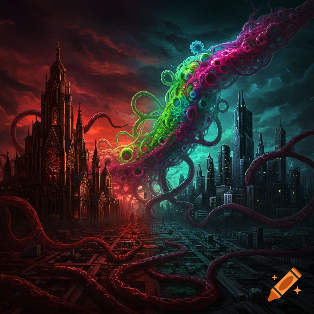 Fantasy horror scene with monstrous tentacles attacking a gothic cathedral and modern city under a stormy, split sky.