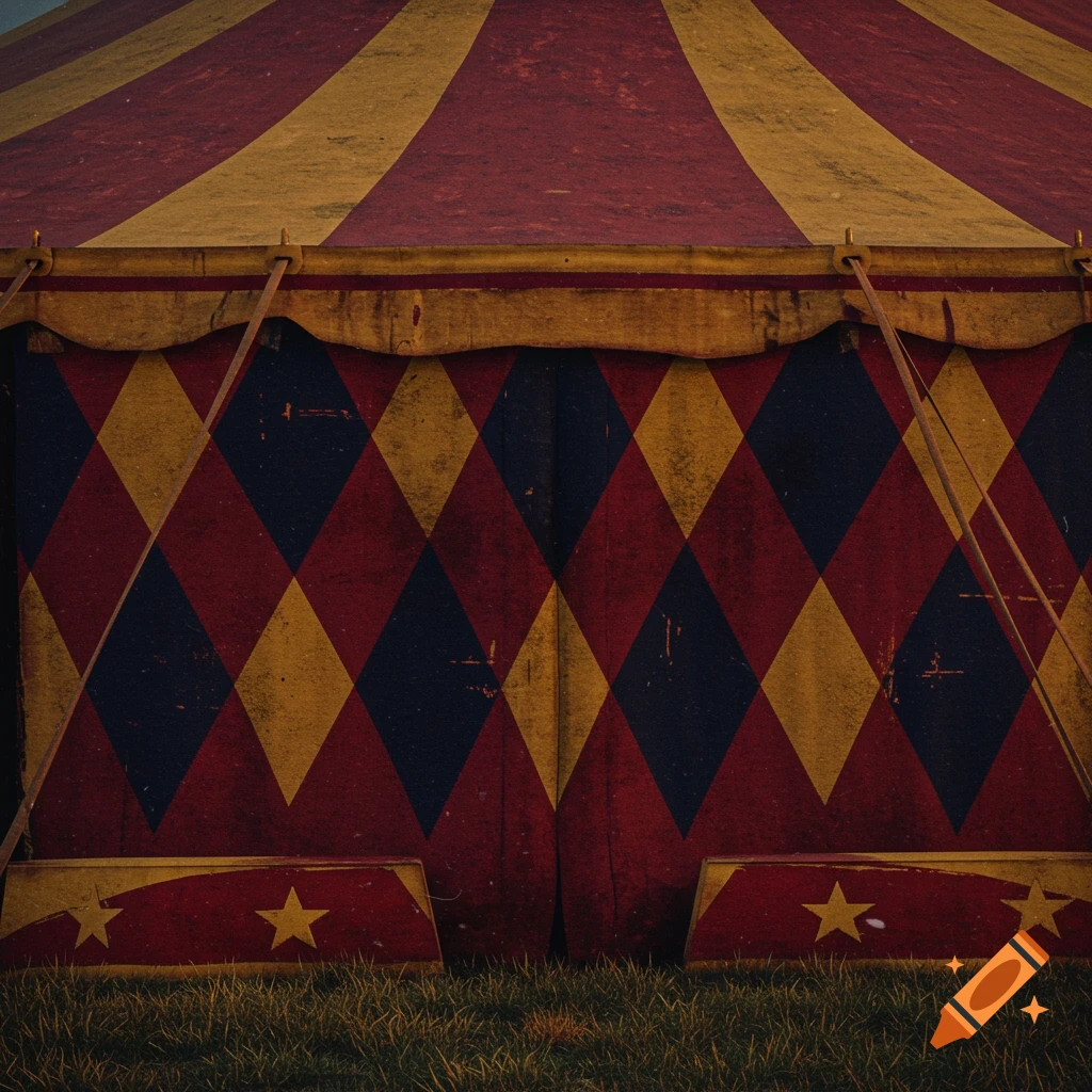 Close-up of a circus tent entrance with red, yellow, and blue diamonds and stars on the base.