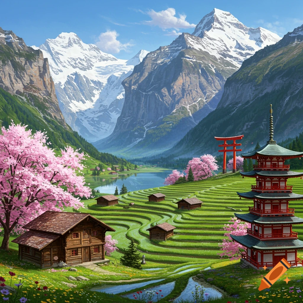 Scenic valley with mountains, rice terraces, cherry blossoms, cabins, a pagoda, and a red Torii gate.