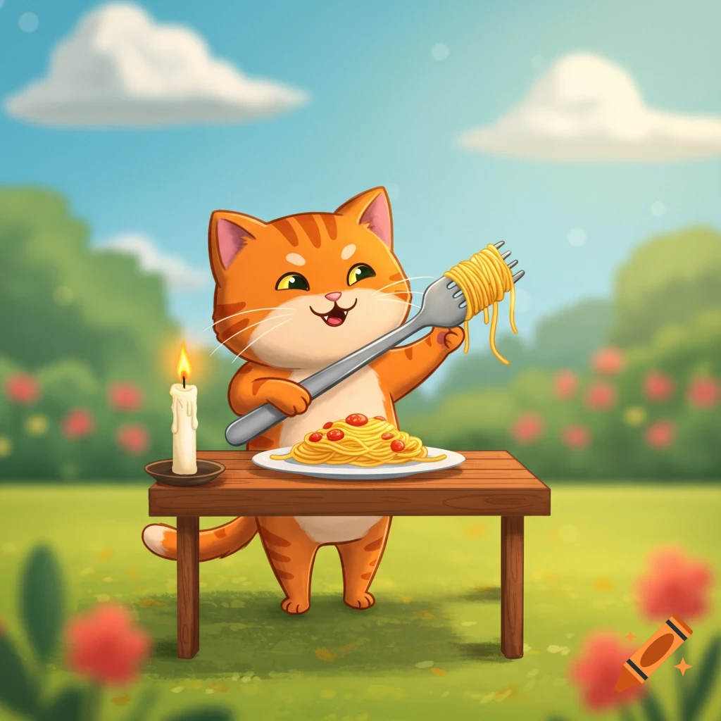 A cute cartoon cat eating spaghetti at a table outside