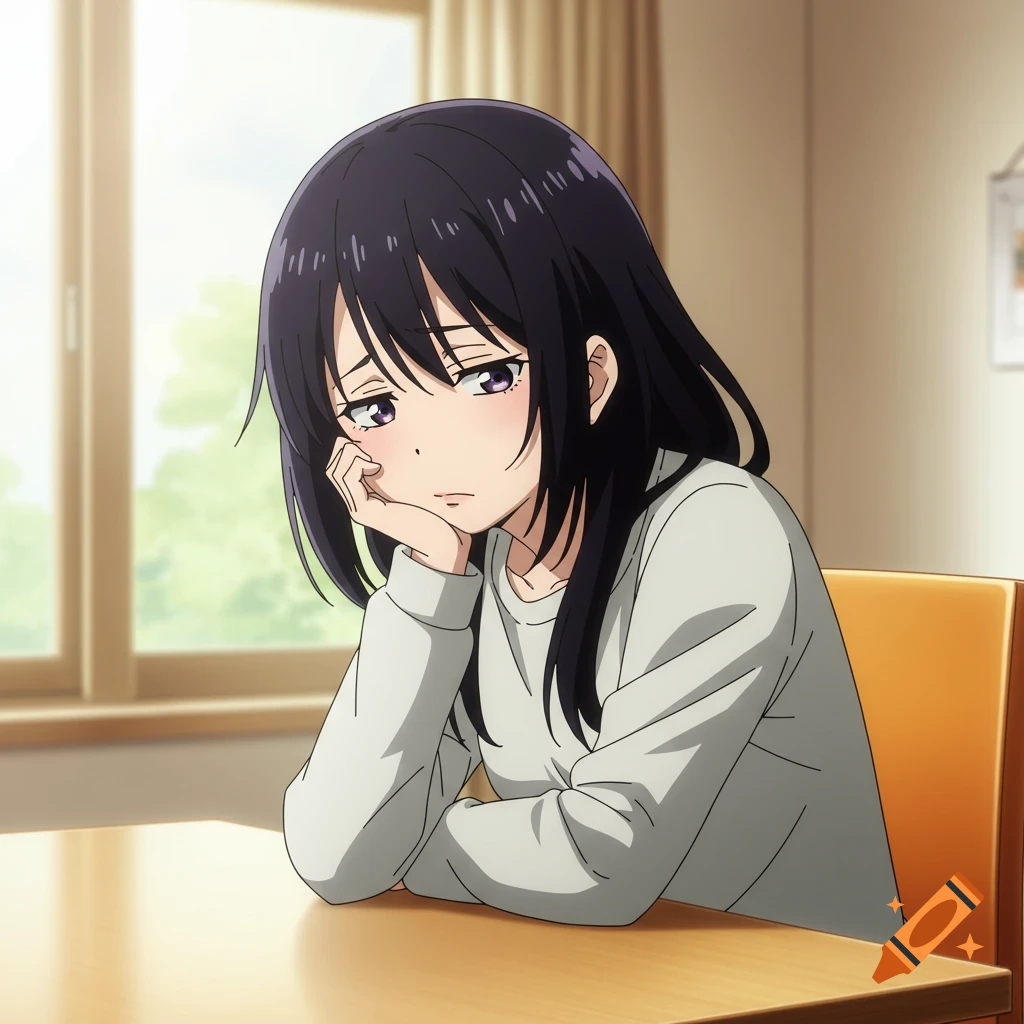 Anime girl with black hair sits at a table, looking tired with her head in her hand.