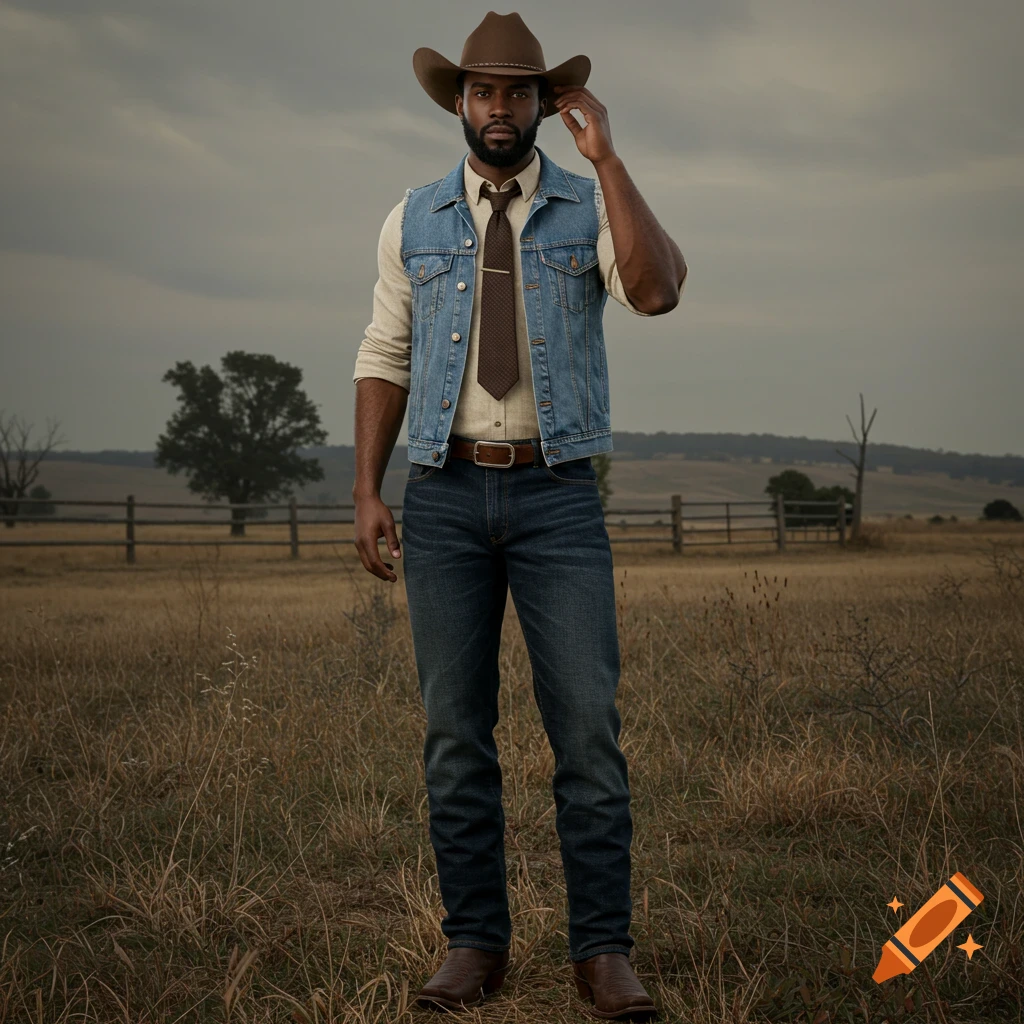 A Black man in a cowboy hat, denim vest, tie, and jeans stands in a field.