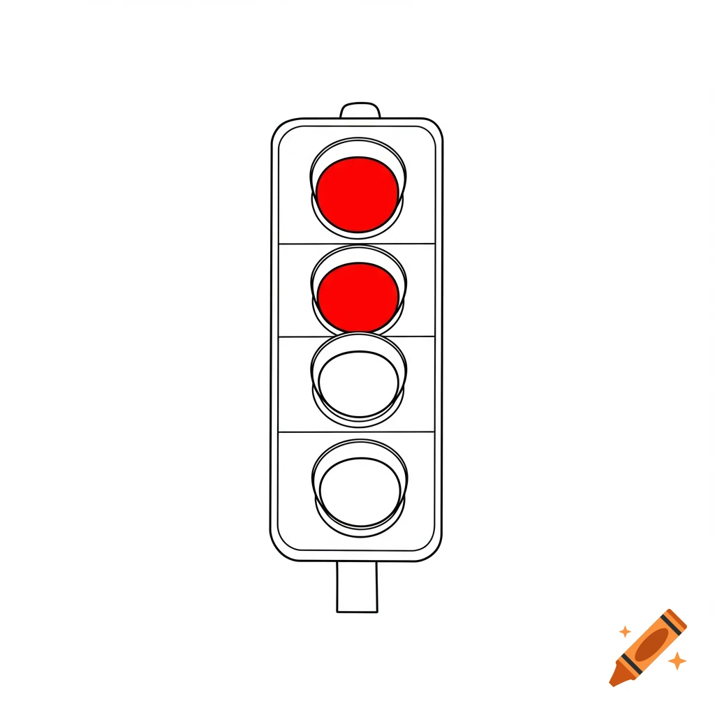 Line art illustration of a traffic light with the top two lights colored red.