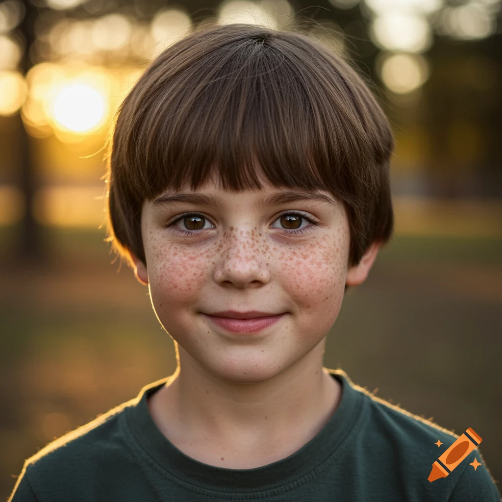 Close-up portrait of a smiling young boy with freckles in outdoor lighting.