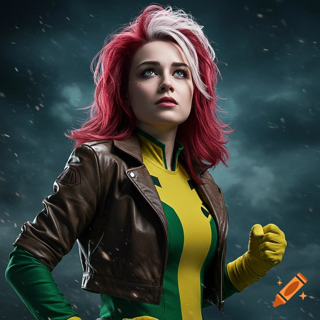 Photorealistic image of X-Men character Rogue looking up, wearing her green and yellow costume and a brown jacket.