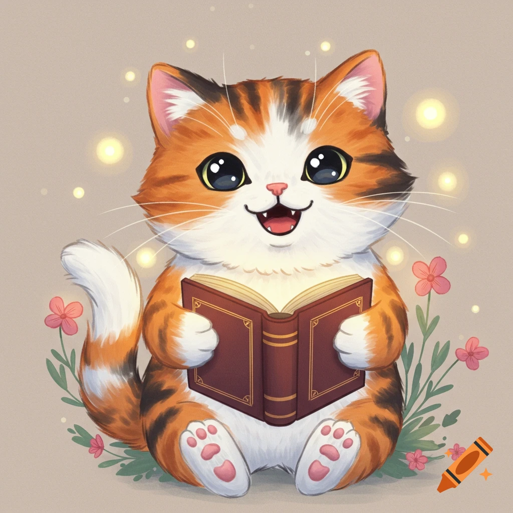 Cute cartoon calico cat sitting and reading a book, surrounded by flowers and glowing lights.