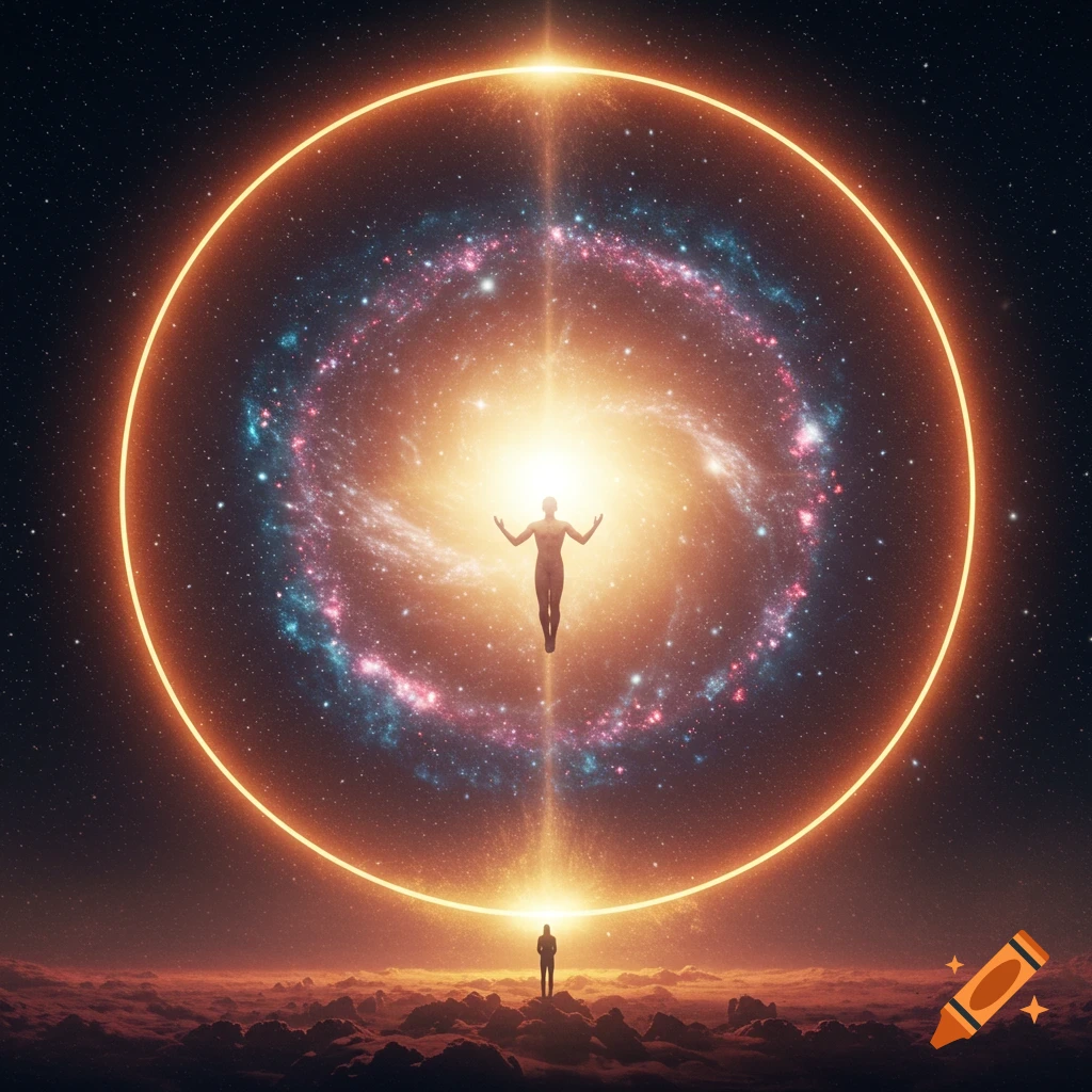 A glowing figure floats within a large cosmic ring in space above a person standing on clouds