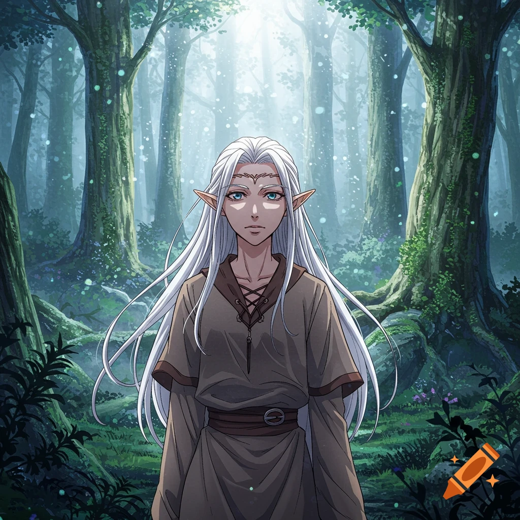 Anime style portrait of an elf character with white hair standing in a misty forest.