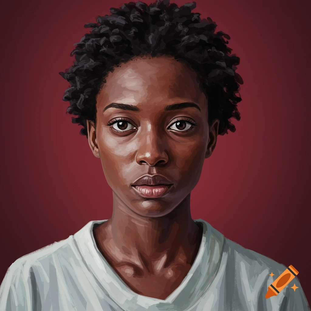 A painted portrait of a woman with short curly hair against a red background.