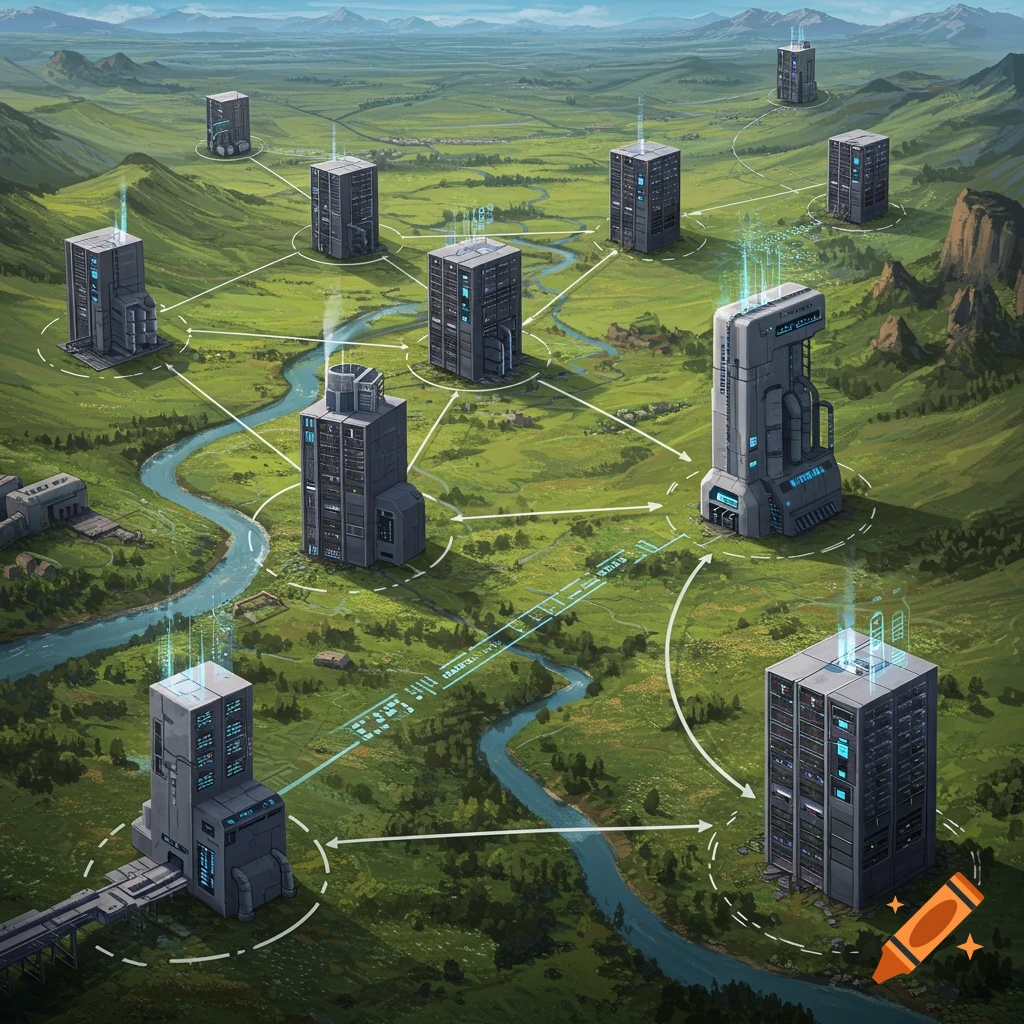 Decentralized data centers connected by glowing lines across a green valley with a river.