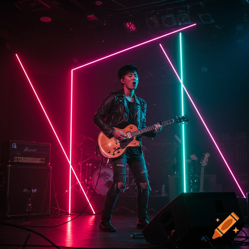 Musician playing guitar on a stage with dramatic pink and blue neon lights.