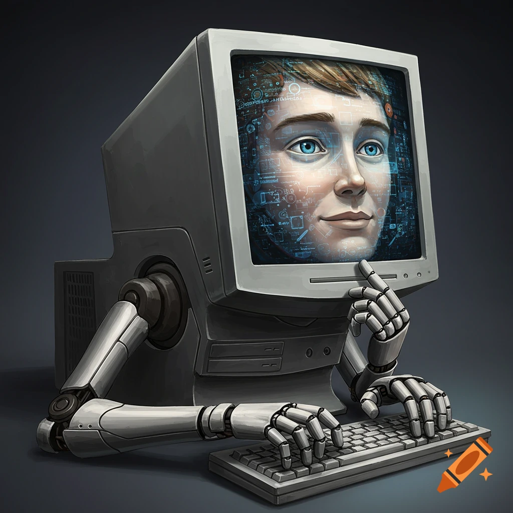 A retro computer monitor with robotic arms typing on a keyboard and a human face on the screen.