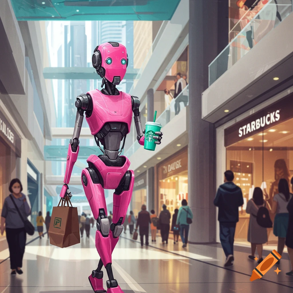 Pink robot shopping in a mall, holding a drink and a shopping bag, digital art style.