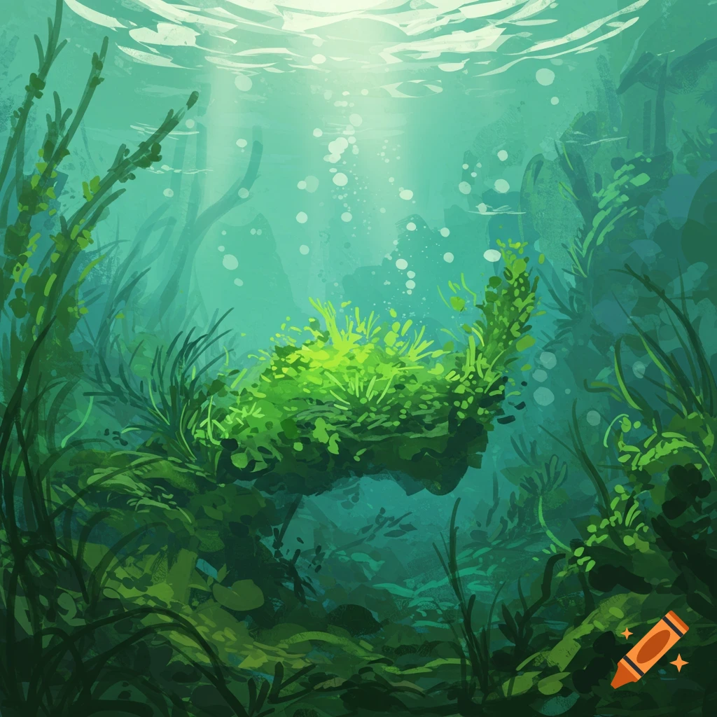 Painterly illustration of green aquatic plants underwater with sunlight filtering from the surface.
