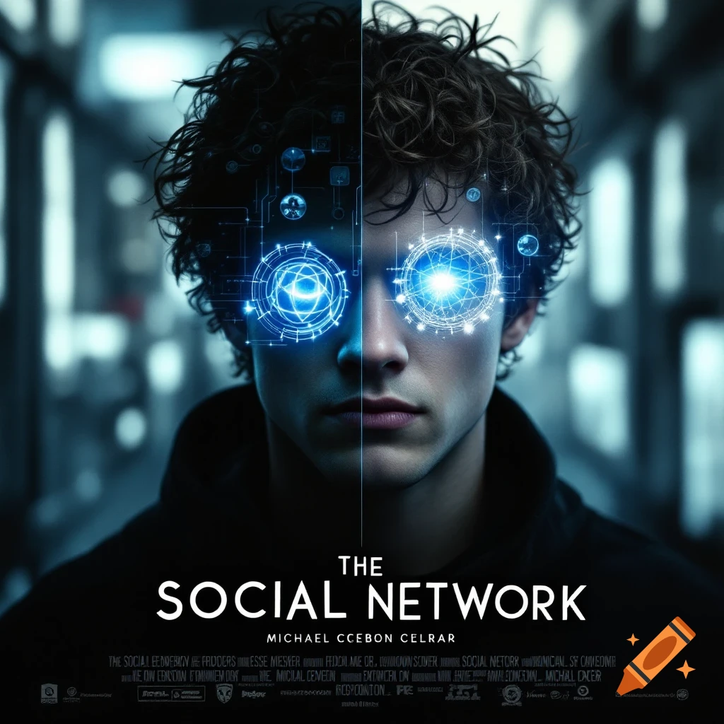 A movie poster featuring a young man's face split, one side normal, the other with glowing blue tech patterns around the eye, with the title 'THE SOCIAL NETWORK' below.