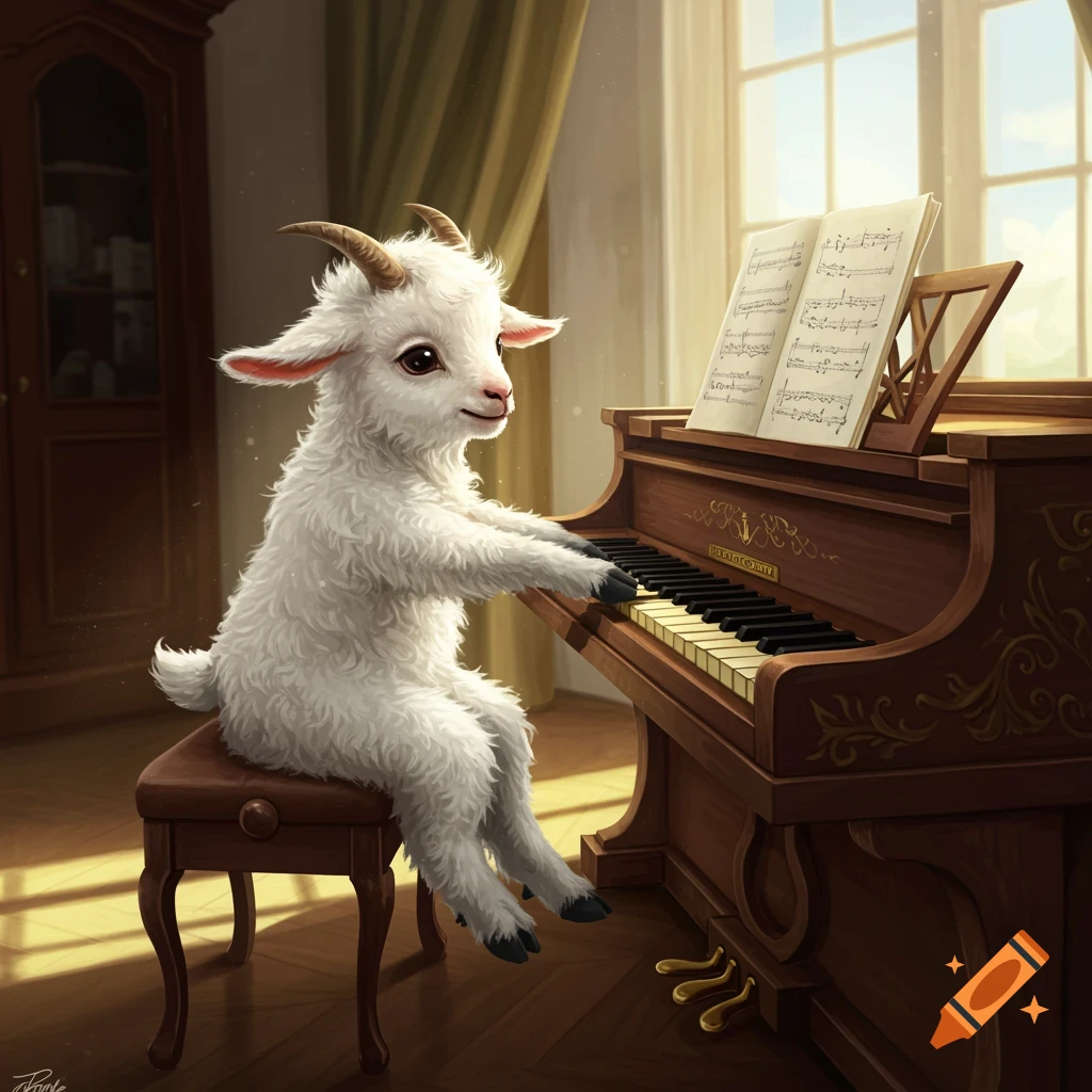 A cute baby goat sits on a bench and plays a grand piano in a sunlit room.