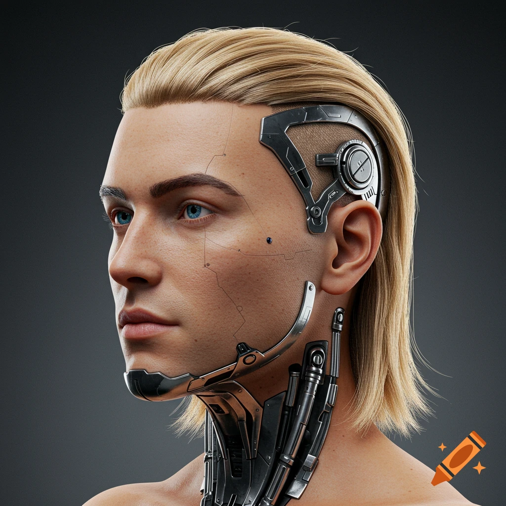Photorealistic portrait of a cyborg with blonde hair and blue eyes.