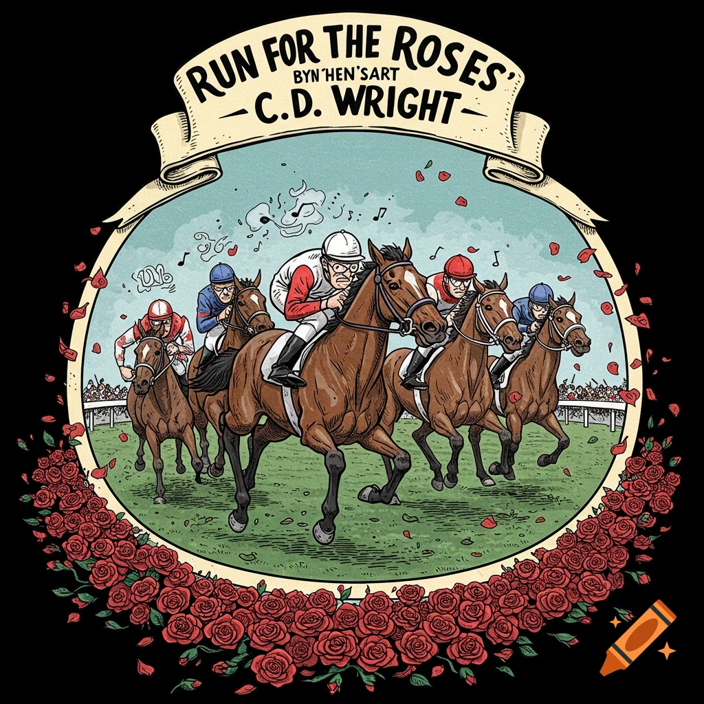 Illustration of a horse race with jockeys in a comic art style, framed by roses.