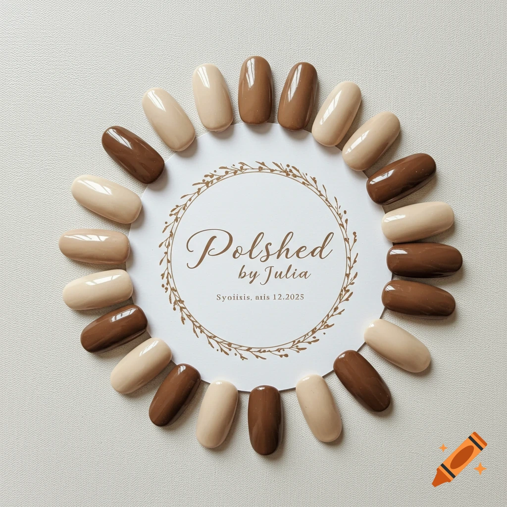 Nail polish color samples in beige and brown shades arranged around a card with text.