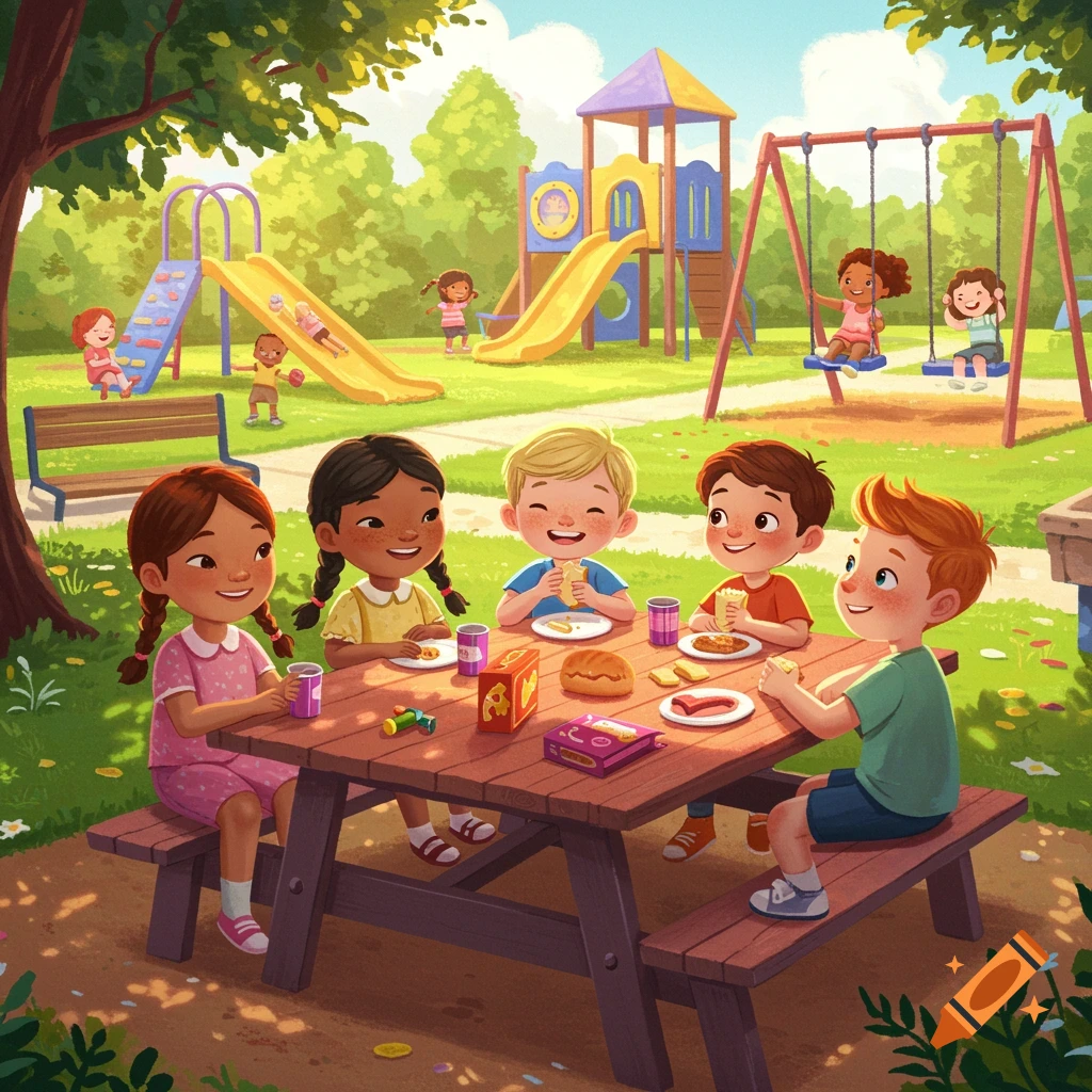 Kids eat lunch at a picnic table in a sunny park with a playground in the background. Illustration.
