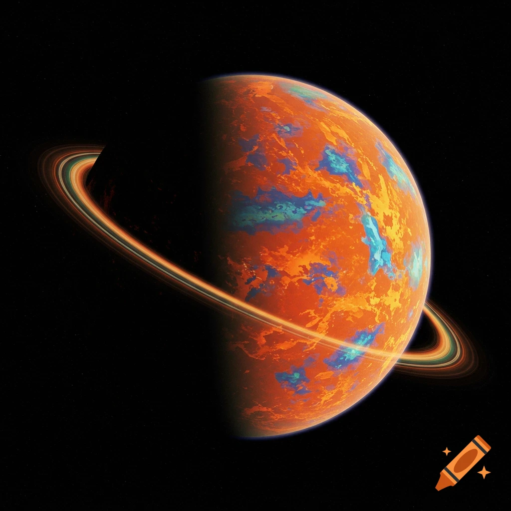 An orange, blue, and green planet with rings against a starry black background.