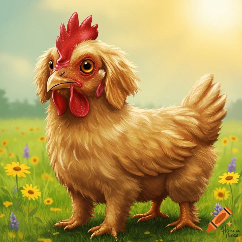 Illustration of a chicken dog hybrid standing in a field of flowers.